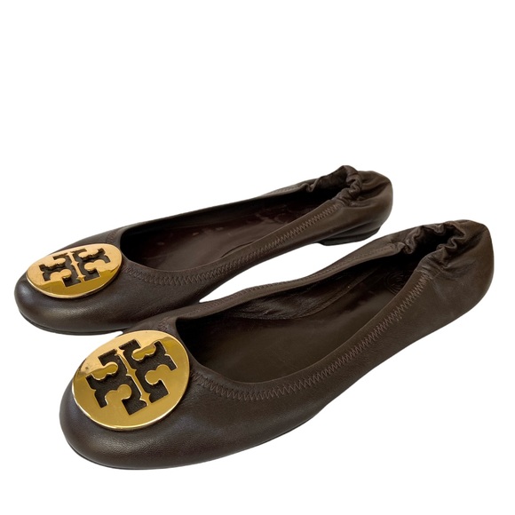Tory Burch Shoes - Tory Burch Minnie Travel Ballet Flats in Chocolate Brown Gold Leather Size 8